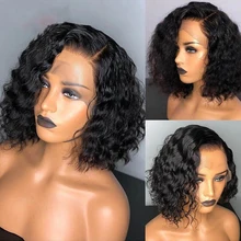

Deep Wave Lace Frontal Human Hair Wig Brazilian Human Hair Wigs for Black Women 14 Inch Short Bob Wigs Natural Black 150 Density
