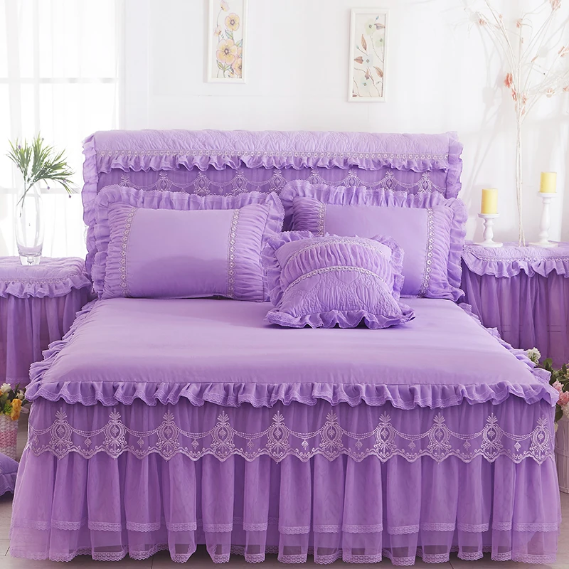 1 шт. кружевная кровать юбка+ 2 шт. наволочки постельное белье Комплект Принцесса Кружева Постельные принадлежности Покрывала простыня для девочек King queen размер - Цвет: Фиолетовый
