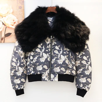

2020 Winter Thick Warm Big Fox Fur Collar Print Quilted Jacket Coat Women Casual Loose Short Zipper Quilted Coat Outwear Female