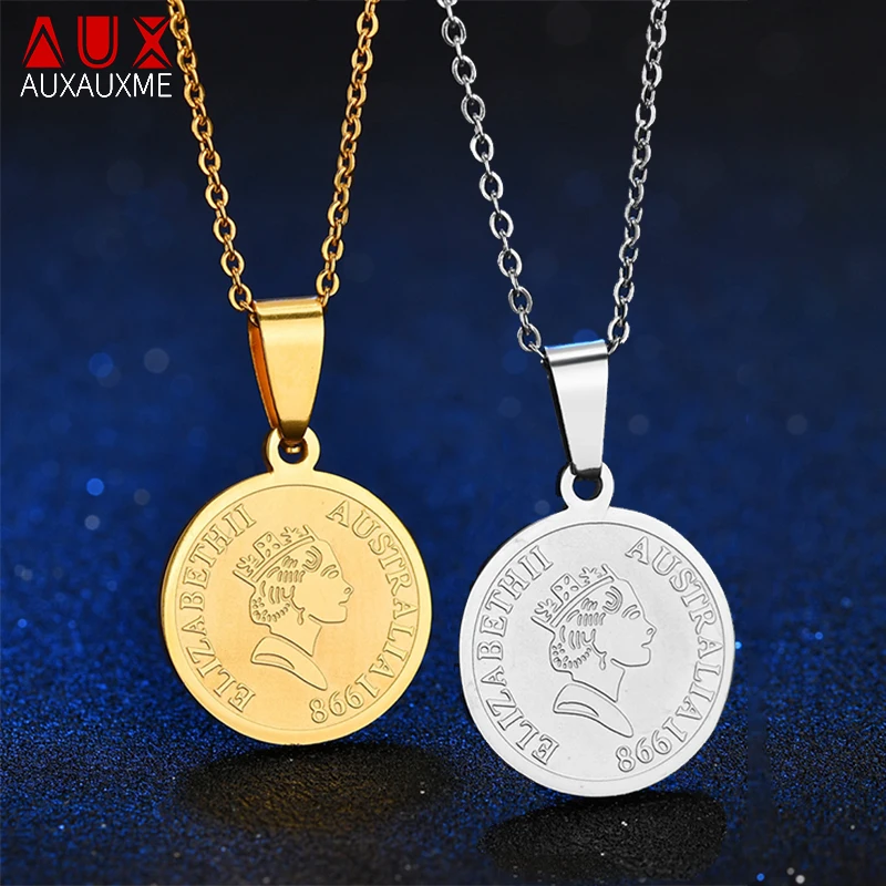 

Auxauxme Dollar Coin Queen Head Portrait Pendant Necklace Gold Stainless Steel Elizabeth Necklace Chain Elegant Jewelry
