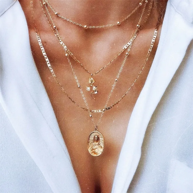 Многослойное винтажное женское ожерелье в виде цветка металлическая цепочка из