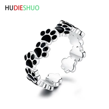 

HUDIESHUO Lovely Animal Black Footprint Bears Dogs Paws anillos mujer s925Silver Open Rings for Women Jewelry bagues pour femme