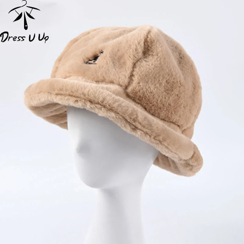 DRESSUUP осень и зима новая имитация кроличьей шерсти Рыбацкая шляпа Женская Студенческая Милая Вышивка одноцветная теплая шапка