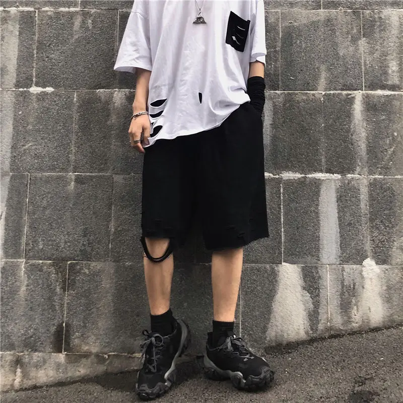 

Summer Ripped Shorts Men's Fashion Solid Color Hole Casual Straight Pants Men Streetwear Loose Hip Hop Five-point Pants Mens