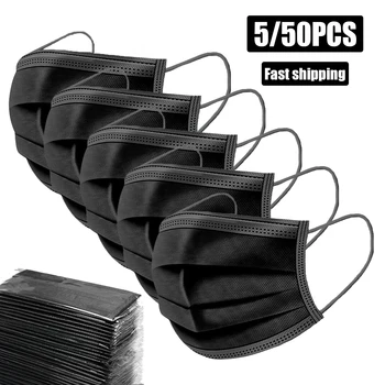 

Disposable Black Mouth Mask Dust Cotton Face Masks Non-woven Mask 5/50pcs 3 Layers Adult 3 Filter Activated Anti Pollution