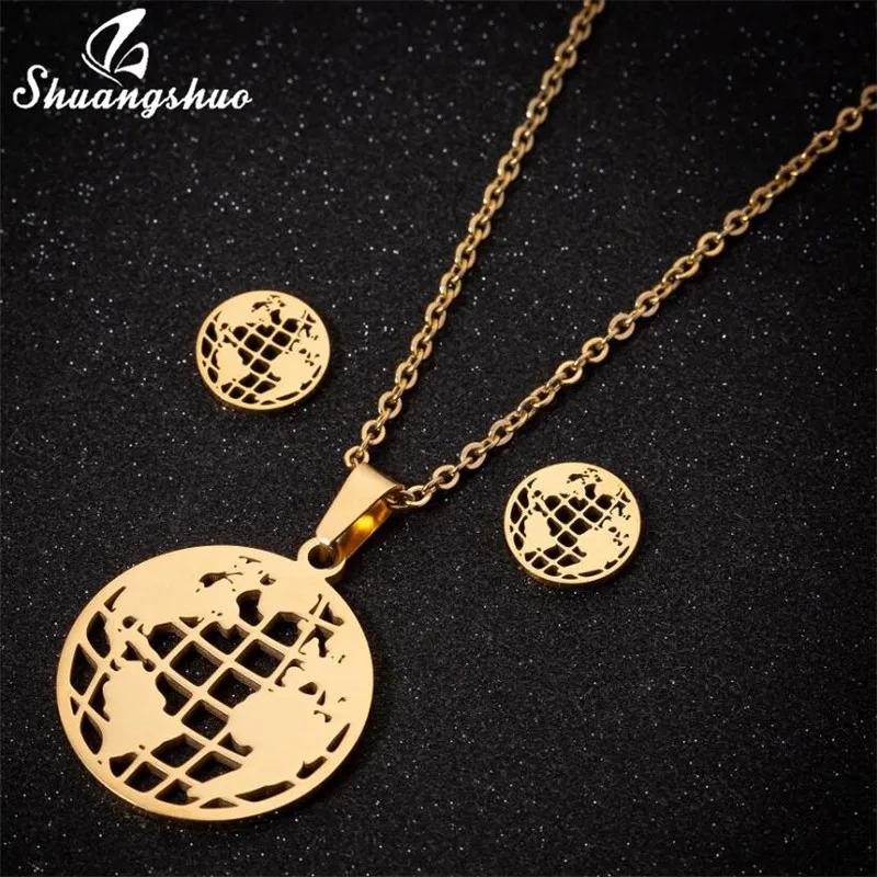 

Shuangshuo Gold Color Round Shape World Earth Necklace Earrings Women Jewelry Sets Tiny Map Necklaces & Pendants Choker Jewelry