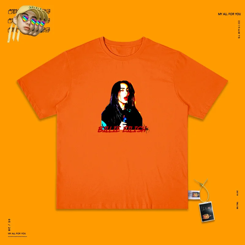 Billie Eilish пирус груша Паровая волна короткий рукав рендеринг без подкладки верхняя одежда женская школьная ветер половина рукава Matcha зеленый T A - Цвет: orange