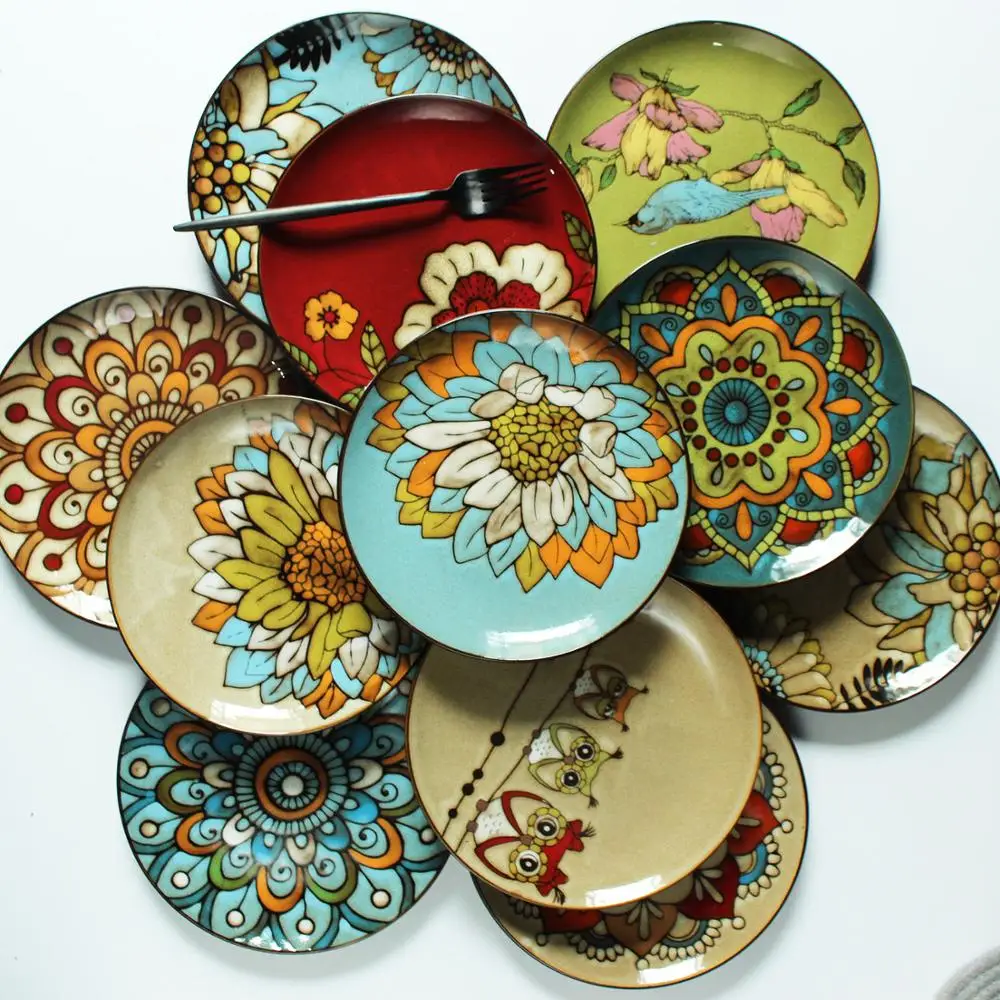 

Creative Personality Ceramic Plate Hand Drawn Flowers Animal Colored Round Tableware Cute Cartoon Home Decoration Hanging Plate