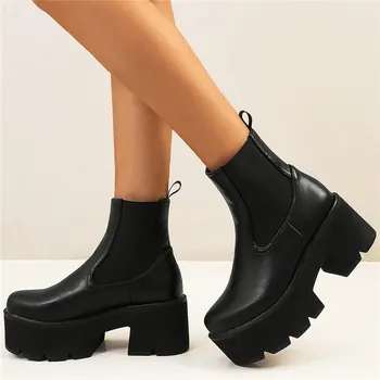 baratas 2020 Punk Goth Chunky Plataforma Bombas Sapatos Mulher Deslizamento Em Salto Alto Tornozelo Botas Femininas Alto Topo Redondo Sapatos Casuais
