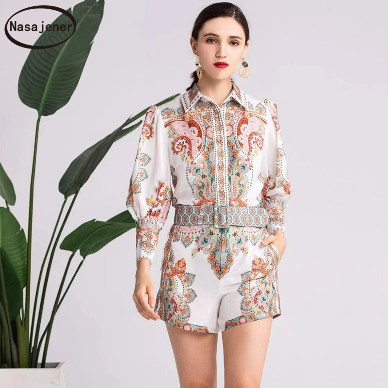 

2019 Fashion Runway Women Summer Autumn Suit Beading Long Sleeve Tops Shirt And Vintage Printed High Waist Shorts Two Pieces Set