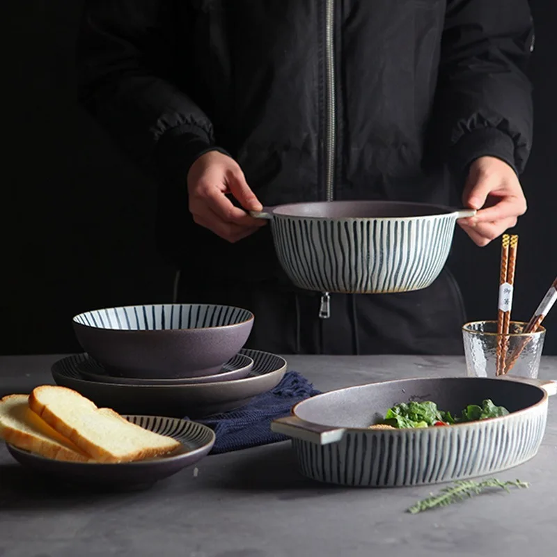 

FANTERCY Ceramic Tableware Hand-painted and Wind Blue Line Cuisine Binaural Household Utensils Dinner Set Plates and Dishes