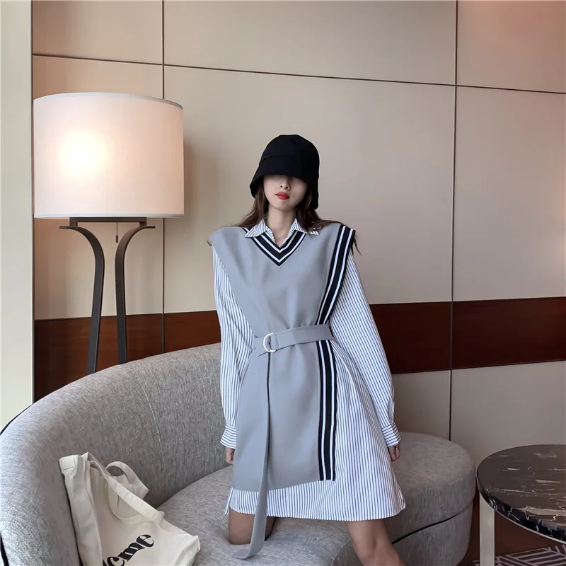 

Photo Shoot 2019 Slim Fit Knitted Vest Vest Striped Shirt Dress Two-Piece Set