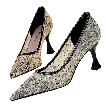 

Lace mesh pointed toe pump women high heels hollow elegant party wedding shoes woman net summer large size heeled pumps