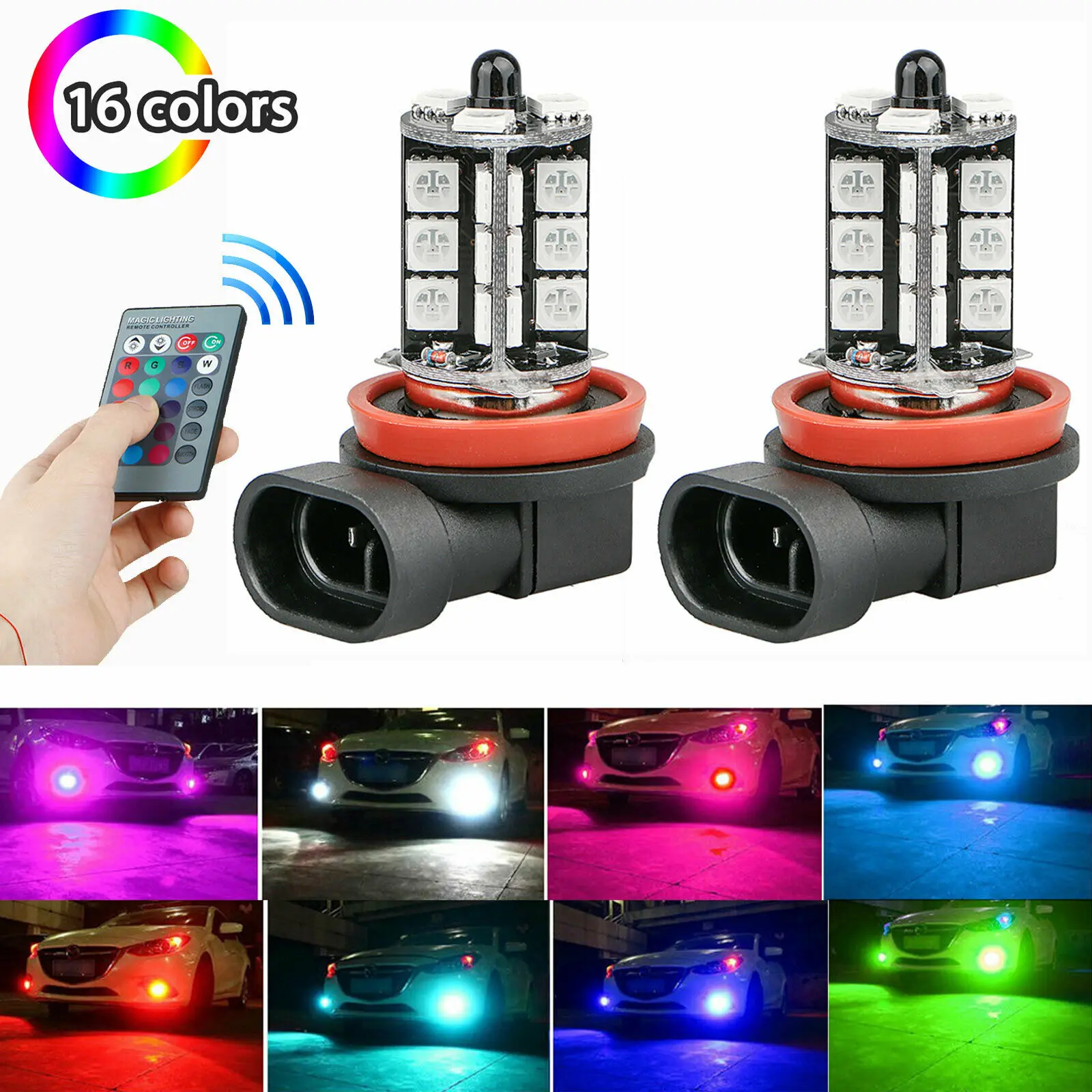 Светодиодные лампы 16 видов цветов RGB H11/H8/H9 с беспроводным ИК-пультом