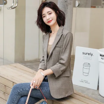 

Women's single coat 2019 autumn new fashion temperament casual slim slimming lattice single-breasted small suit women's shirt