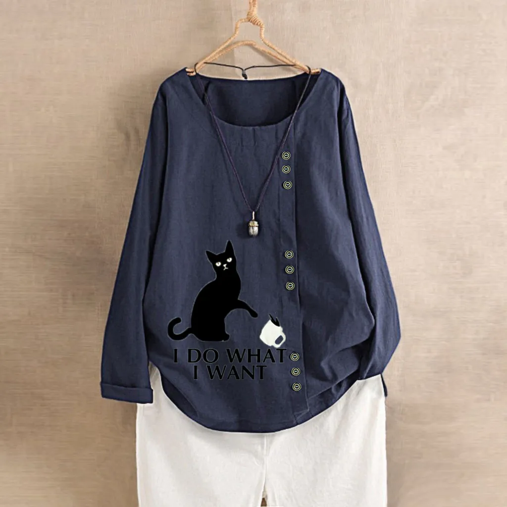 

Feitong Women Casual Plus Size Print Cat Long Sleeve Button Tunic T-shirt Tops Cat Print Winter Full Sleeve Tops Women 2019 New
