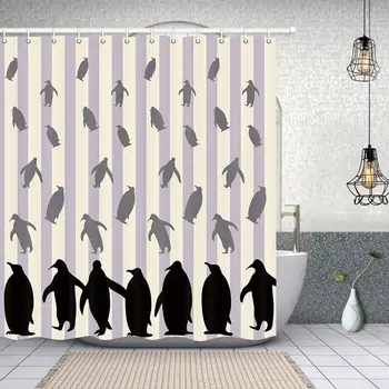 

Sea Animals Bathroom Shower Curtains, Polyester Fabric Wildlife Polar South Pole Birds Cartoon Penguins in Beige Stripe for Kids