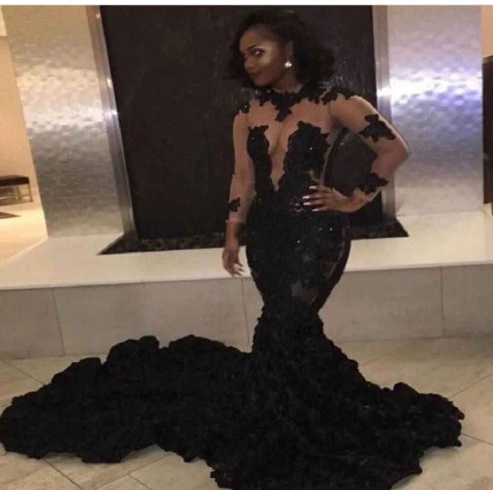 

New African Black Mermaid Prom Dresses 2020 Organza Ruffles Long Prom Party Dress For Graduation Sheer Long Sleeve Evening Dress