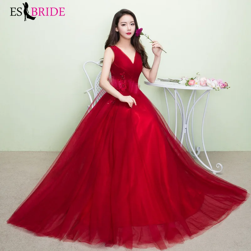 

Elegant Red Evening Dresses Long ES30106 A-Line Double V-Neck Appliques Lace Tulle Evening Gown Vestidos Largos Fiesta 2019