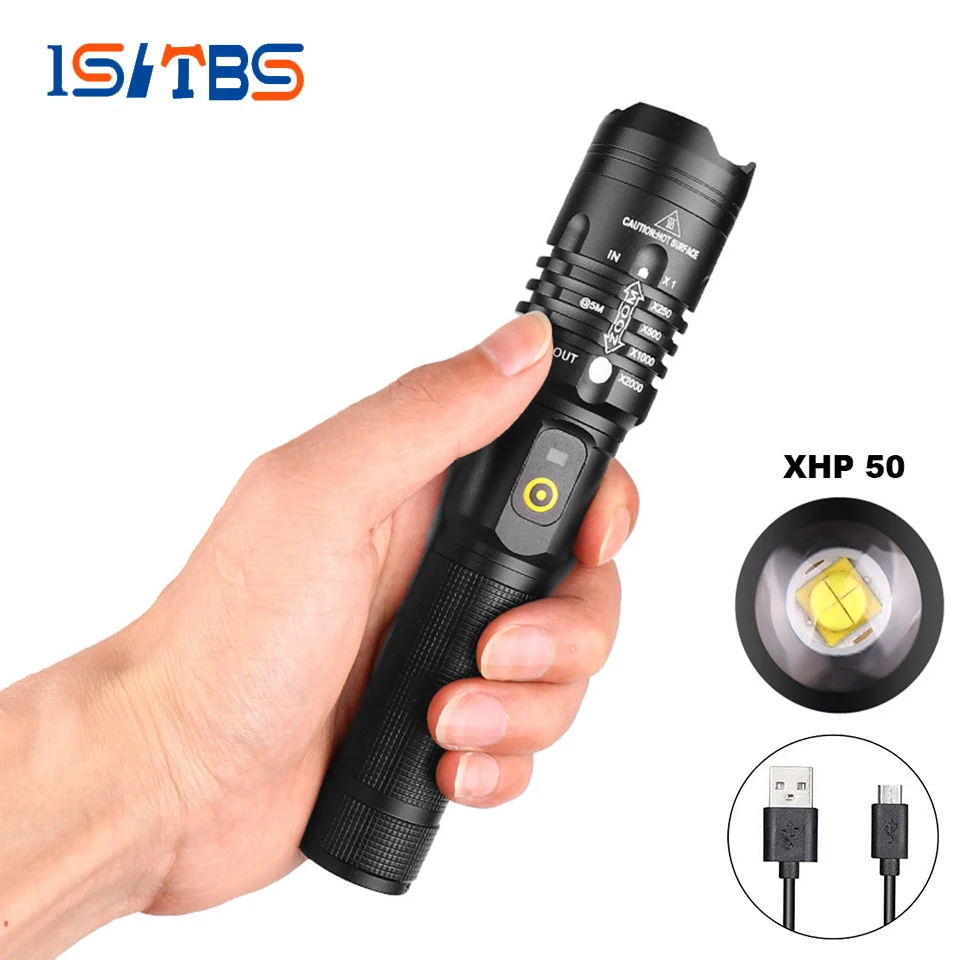 

LED Flashlight XHP50 Ultra Bright Torch Outdoors Waterproof Zoomable USB Rechargeable 18650 Battery Hiking Camping Flashlights