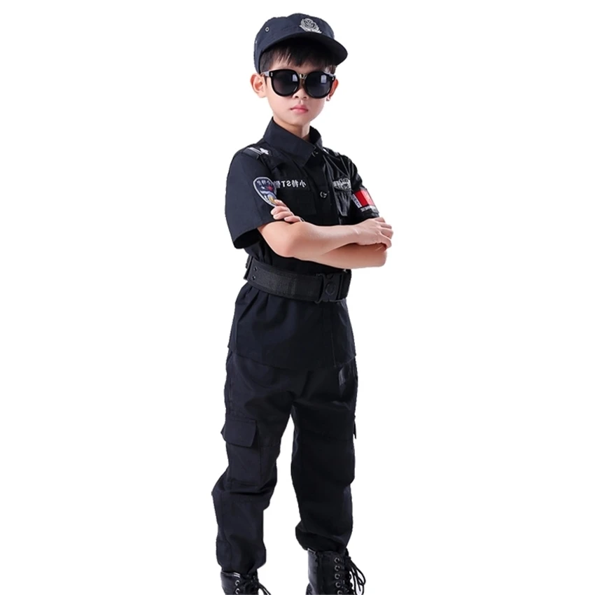 New Boy Cosplay for Policemen Kids Army Police Uniform Performance Policemen Costumes Coat+Pant+Belt+Cap Special Police Clothing