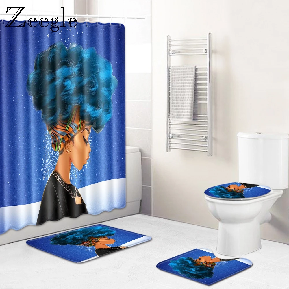 Zeegle African Shower Curtain 4pcs Bath Mat Set Soft Toilet Cover Seat Mat Absorbent Bathroom Shower Carpet Anti Slip Toilet Rug