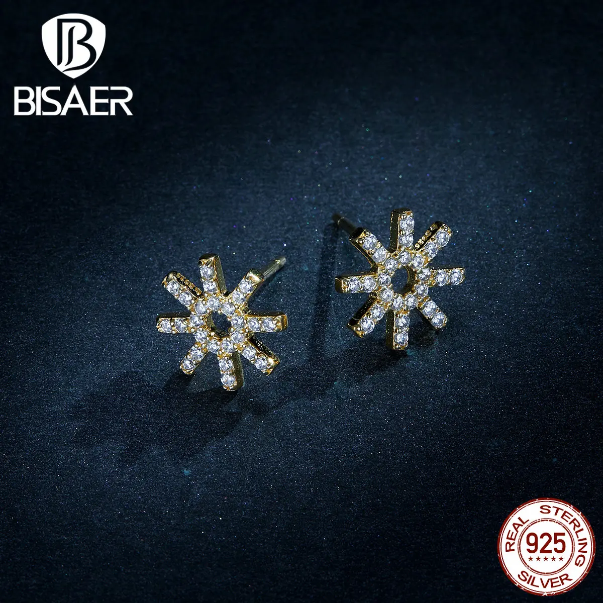 Серьги-гвоздики в виде BISAER Лидер продаж 925 пробы серебро светящаяся звезда Для женщин серьги Женский цветы серебряные серьги ювелирные изделия EFE257