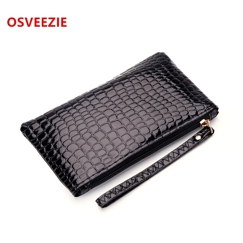 

PU Leather Crocodile Pattern Black Long Brand Wallet for Women Wristlet Large Capacity with Wrist Strap hone Holder Change Purse