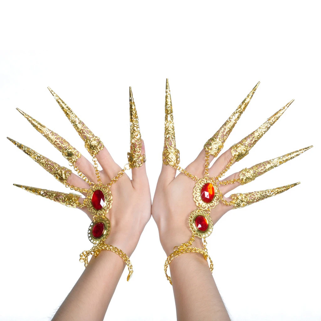 2x Girl Belly Dance Gold Bracelet 5 Finger Nails Thai Costume Hand Jewerlly