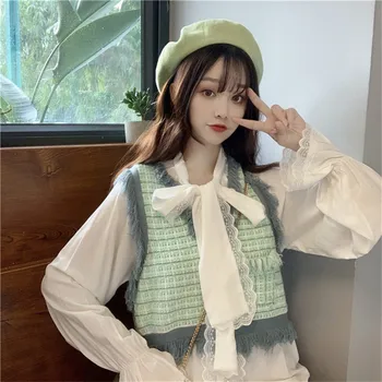 

Student Chic Girl White Shirts&Short Vest Suits Fashion Women 2PC Shirt Sets Female Sweet Loose Casual Blouse+Tassel Tank Vests