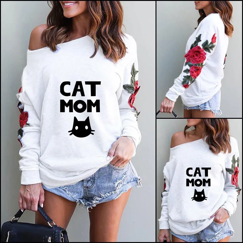 Kawaii Cat Mom Print T Shirt Female Plus Size Tee Shirts Off Shoulder Tops Big Size Fashion T-Shirt For Women Pocket TShirt