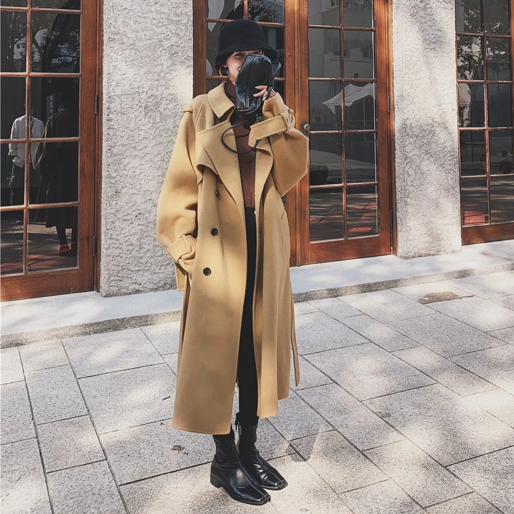 

Photo Shoot CHIC Woolen Jacket Women's 2019 Winter New Style Retro Hepburn Wind Fold-down Collar Waist Hugging Lace-up Woolen Ov