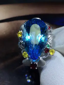 

Fine Jewelry Real 18K White Gold AU750 100% Natural Blue Topaz Gemstone 39ct Female Rings for Women Fine Ring