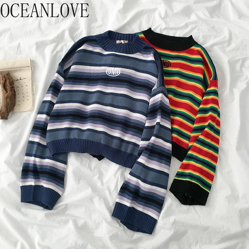 Женские свитера в полоску OCEANLOVE осенне-зимние радужные пуловеры Корейском стиле