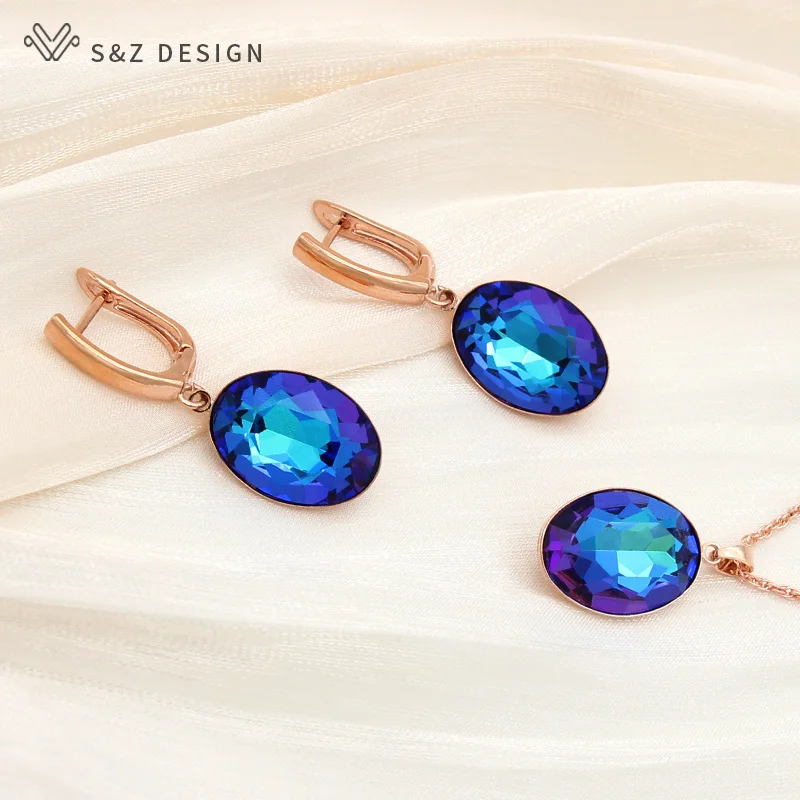 S&Z DESIGN New Luxury Colorful Oval Egg Shape Crystal Dangle Earrings Pendant Necklace Jewelry Sets For Women Wedding Jewelry