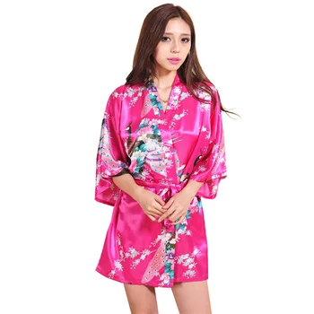 

Summer Nightgown Artificial Silk Piece Kimono Loose Bathrobe Cardigan Robe Peacock Short Bathrobe