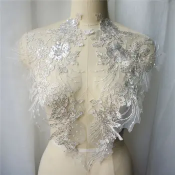 

2PCS Silver White Sequin Flower Tassel Wedding Gown Appliques Lace Fabric Embroidered Collar Mesh Sew Patch For Dress DIY Decor