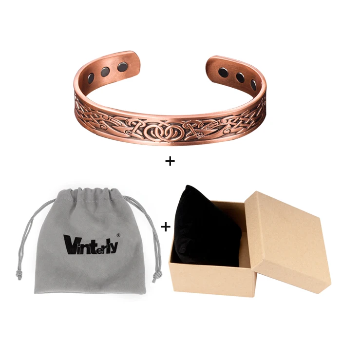 with bag box Vinterly браслет из чистой меди мужской энергетический Магнитный Регулируемый Браслет-манжета Femme винтажные Viking широкие браслеты на запястье для женщин - Окраска металла: with bag box