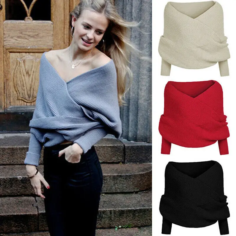 Fashion Women Off Shoulder Cross Wrap Sweater 2019 New Solid Long Sleeve Short Blouse Top Pullover Knitwear Autumn | Женская одежда