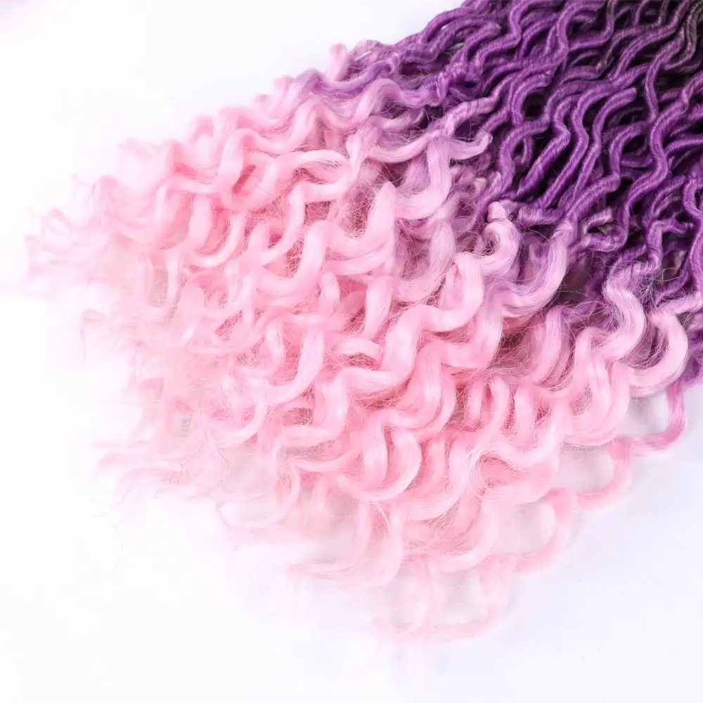 Pervado Hair Soft Faux Locs Curly Crochet Braids Synthetic Hair Extensions 18" 24strands/pack Pink Blue Ombre Goddess Hairstyle