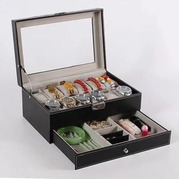 

Double layer fashion black color leather home watch box 12 girds watch case with jewelry holder