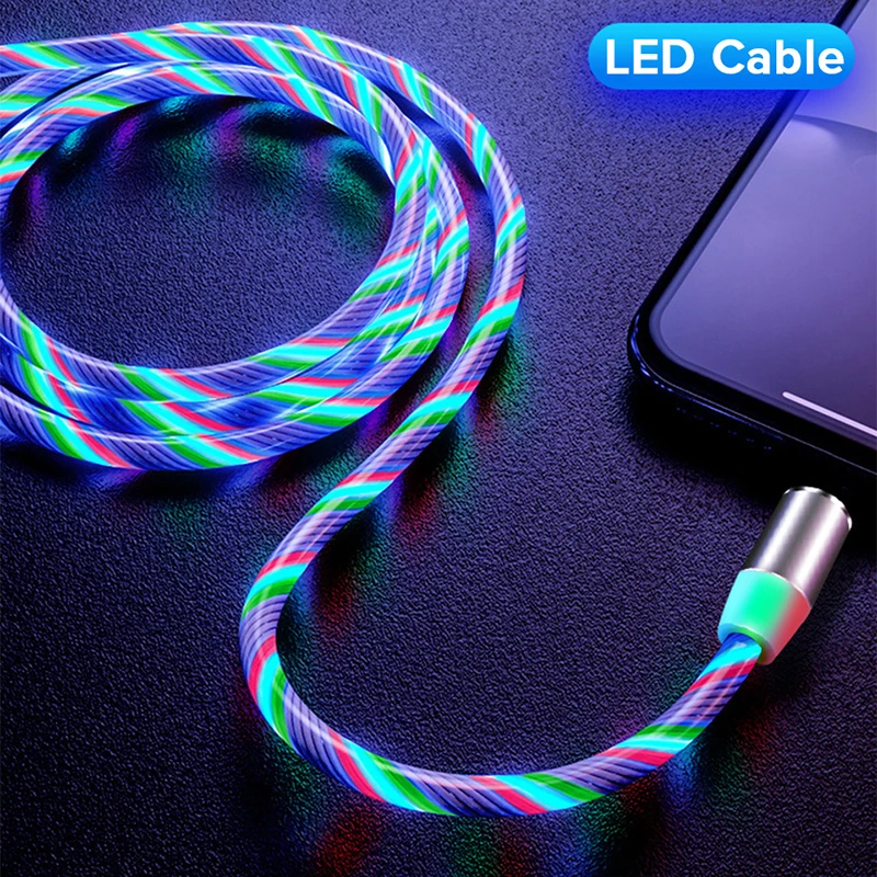 LED Lighting Magnetic USB Cable Flow Luminous Phone Cable for iPhone Type C Micro Data Wire for Apple Samaung Huawei Micro Kable