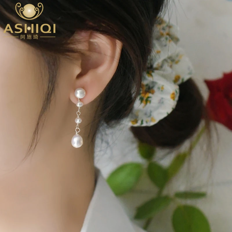 Женские серьги капли ASHIQI 925 пробы серебряные с натуральным пресноводным жемчугом