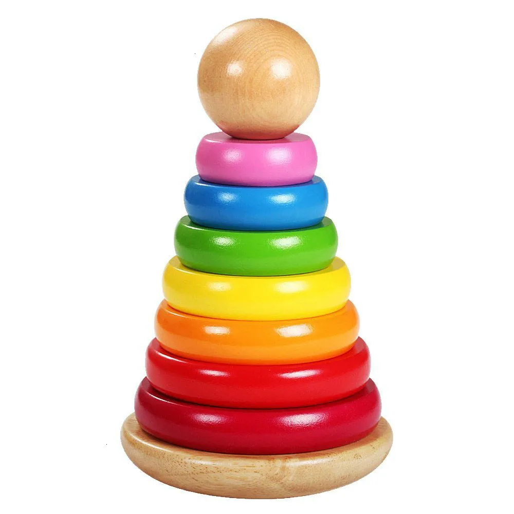  Kids Baby Wooden Toys Stacking Ring Tower Blocks Learning Educational Toys For Children Rainbow Sta