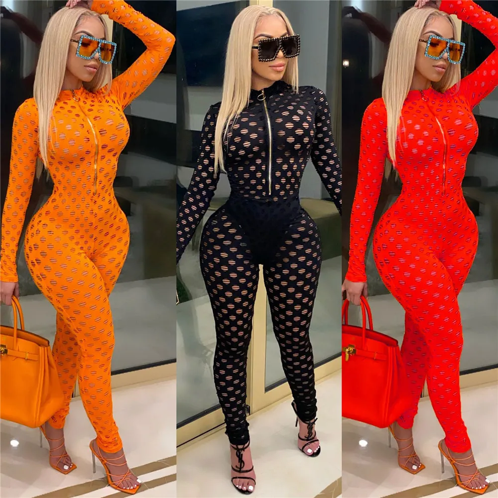 Women Sexy Bodycon Long Sleeve Front Zipper Jumpsuit Romper_