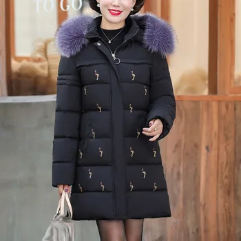 

Women Hooded Winter Embroide Print Button Long Sleeve Long Mother Coat Fur Collar Warm female jacket Coat Y11.14