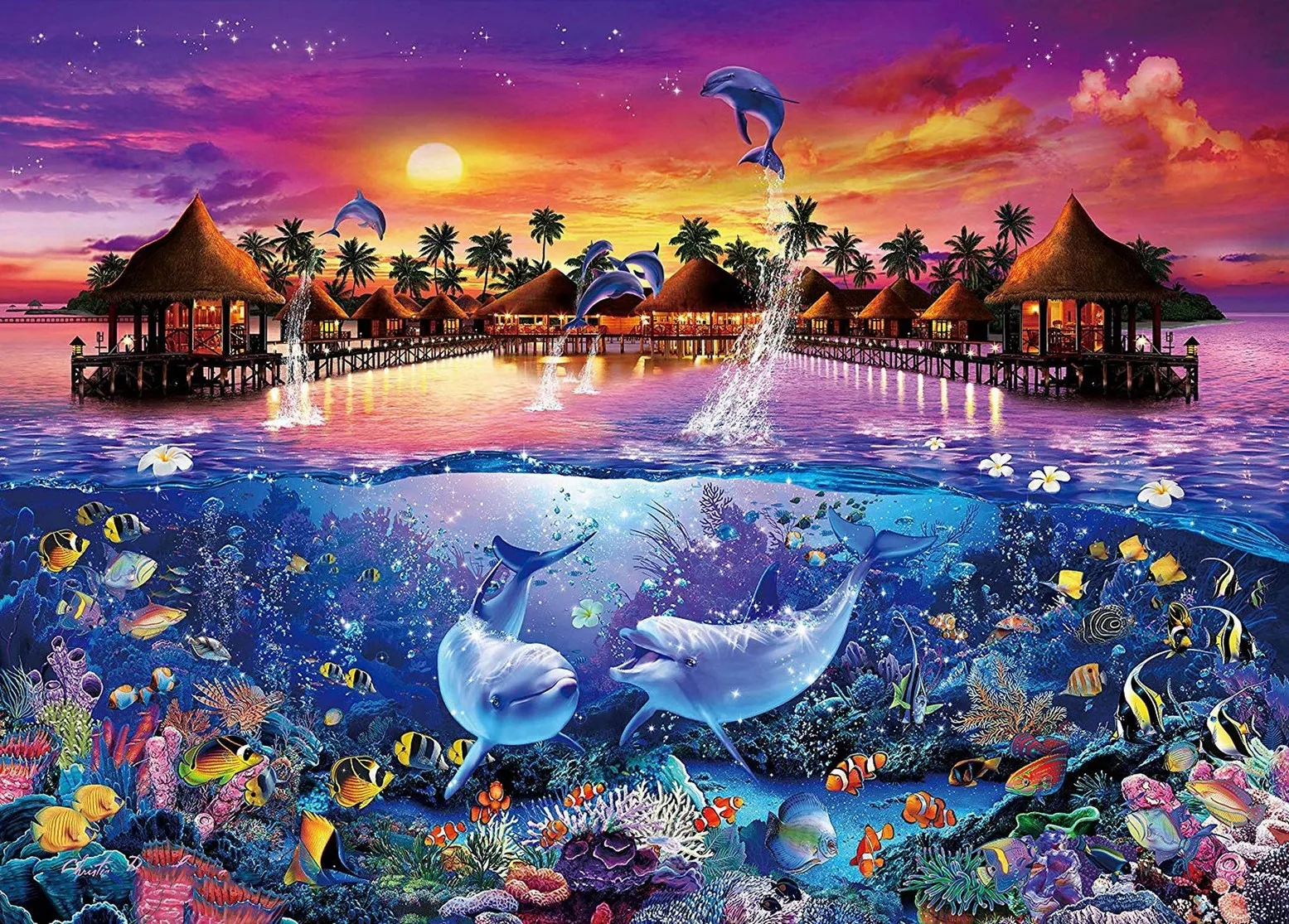 

JMINE Div 5D Дельфин подводный рыбный дом закат полностью Алмазная краска наборы для вышивки крестиком художественная живописная 3D краска алмазами