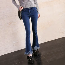 Джинсы женские облегающие брюки-клёш Весенние новые женские брюки корейские расклешенные джинсы с кисточками для женщин