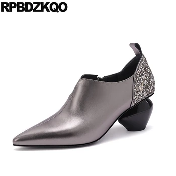 

strange pointed toe high heels genuine leather gray big size party shoes for women 10 42 2019 chunky special 4 34 glitter pumps