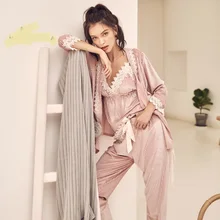 Осенняя и зимняя новая Золотая Бархатная женская пижама из трех частей, Сексуальная кружевная прострочка, удобная и стильная